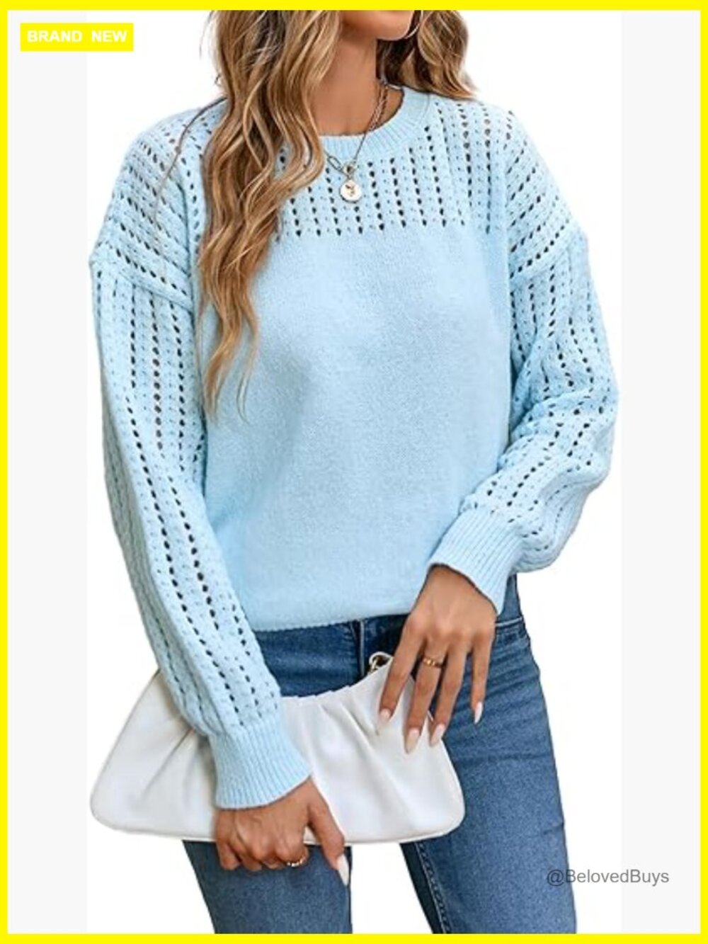 Lightweight Crochet Hollow Out Knit Pullover Sweater Crew Neck Long Sleeve
